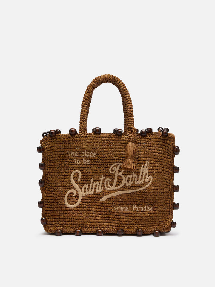 Colette raffia bag with embroidered logo and applied beads