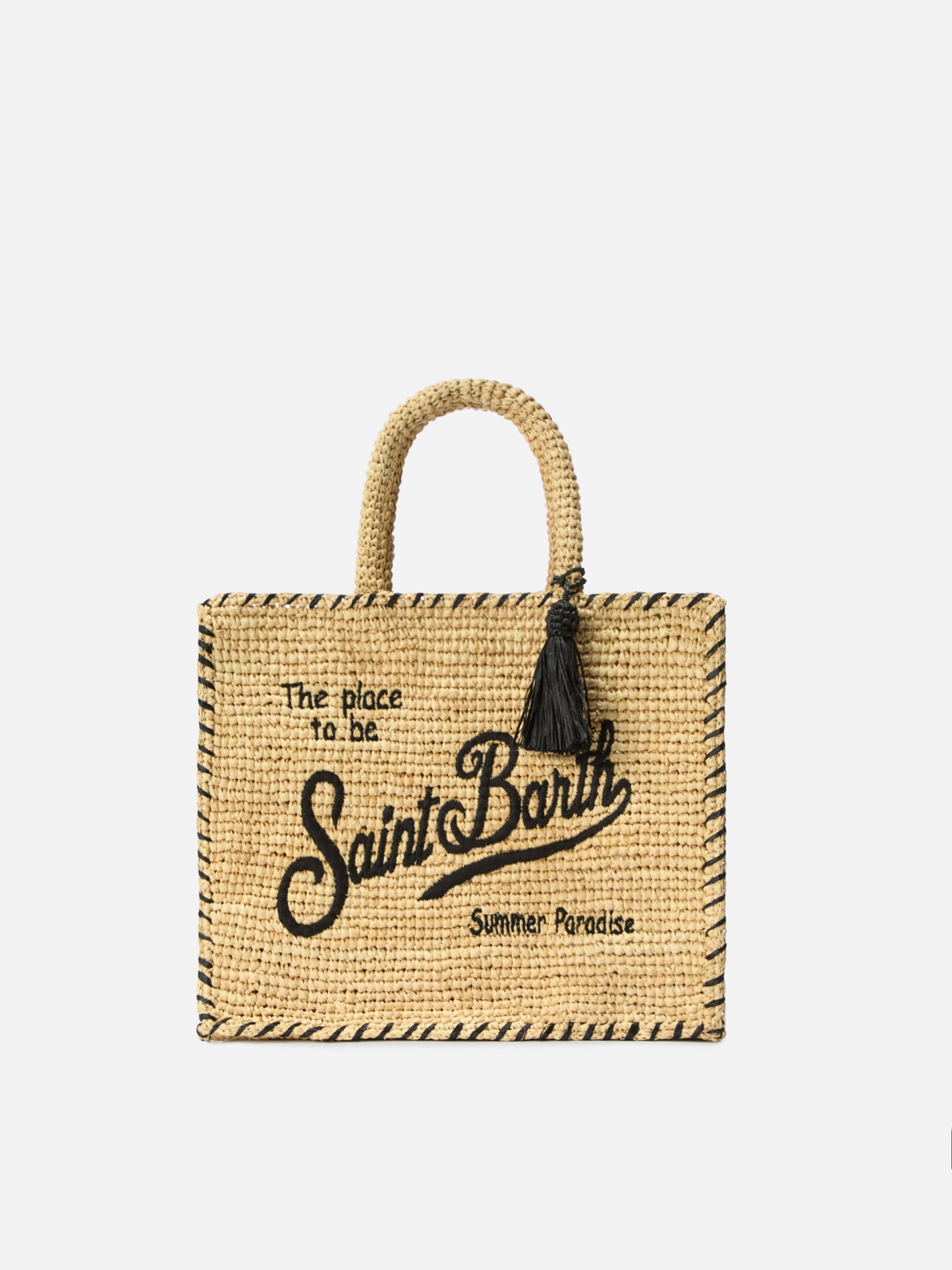 Borsa Colette in raffia beige con logo ricamato nero e nappetta