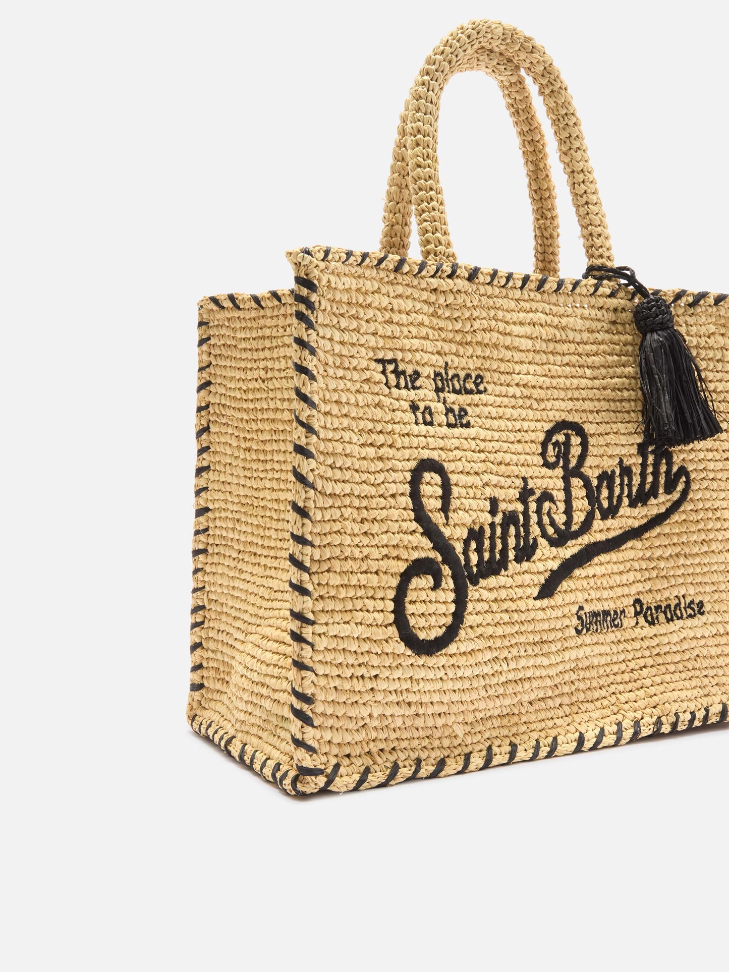 Borsa Colette in raffia beige con logo ricamato nero e nappetta