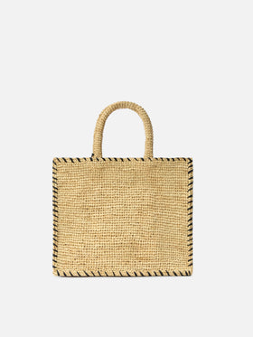 Borsa Colette in raffia beige con logo ricamato nero e nappetta