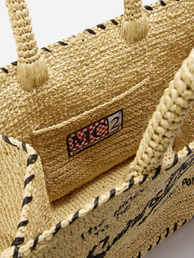 Borsa Colette in raffia beige con logo ricamato nero e nappetta