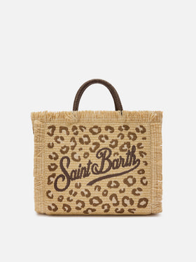 Colette straw effect bag with leopard embroidery