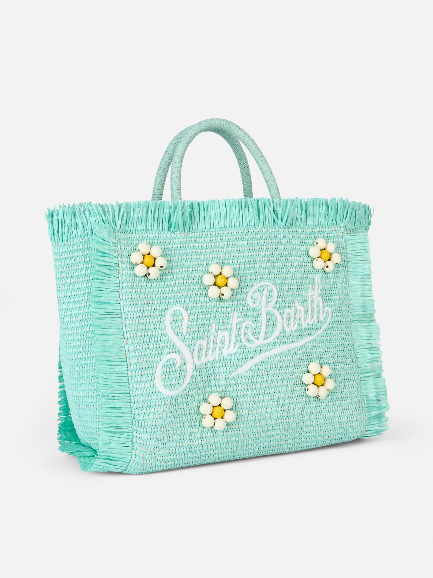 Wassergrüne Colette Strohhandtasche mit Blumenholzperlenverzierung