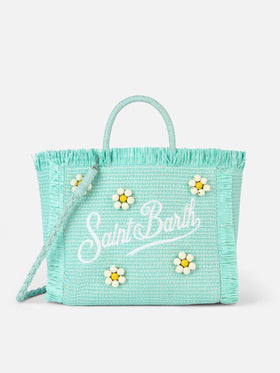 Wassergrüne Colette Strohhandtasche mit Blumenholzperlenverzierung