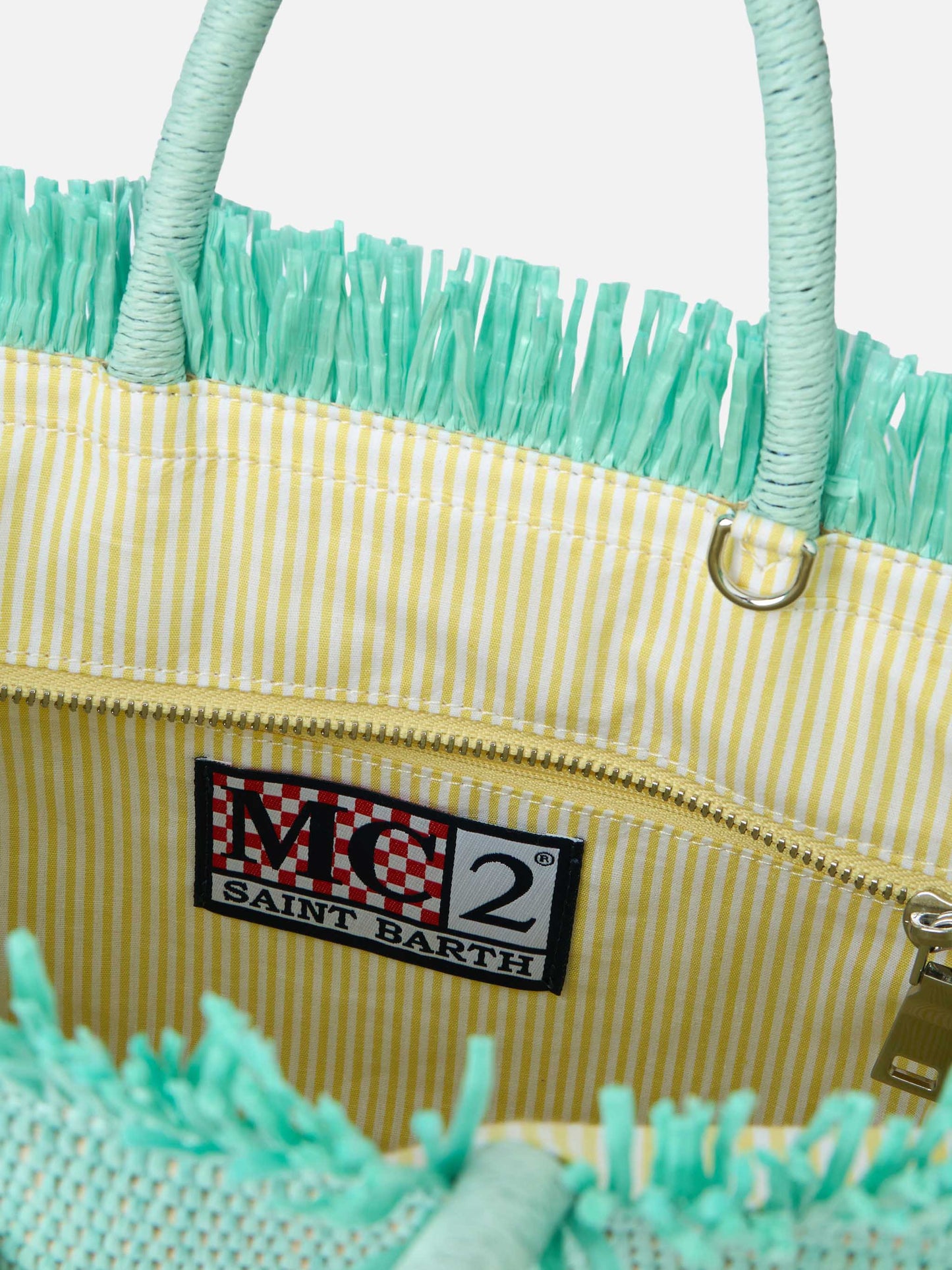 Wassergrüne Colette Strohhandtasche mit Blumenholzperlenverzierung