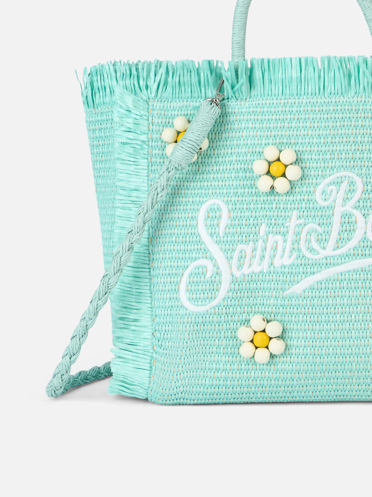 Wassergrüne Colette Strohhandtasche mit Blumenholzperlenverzierung