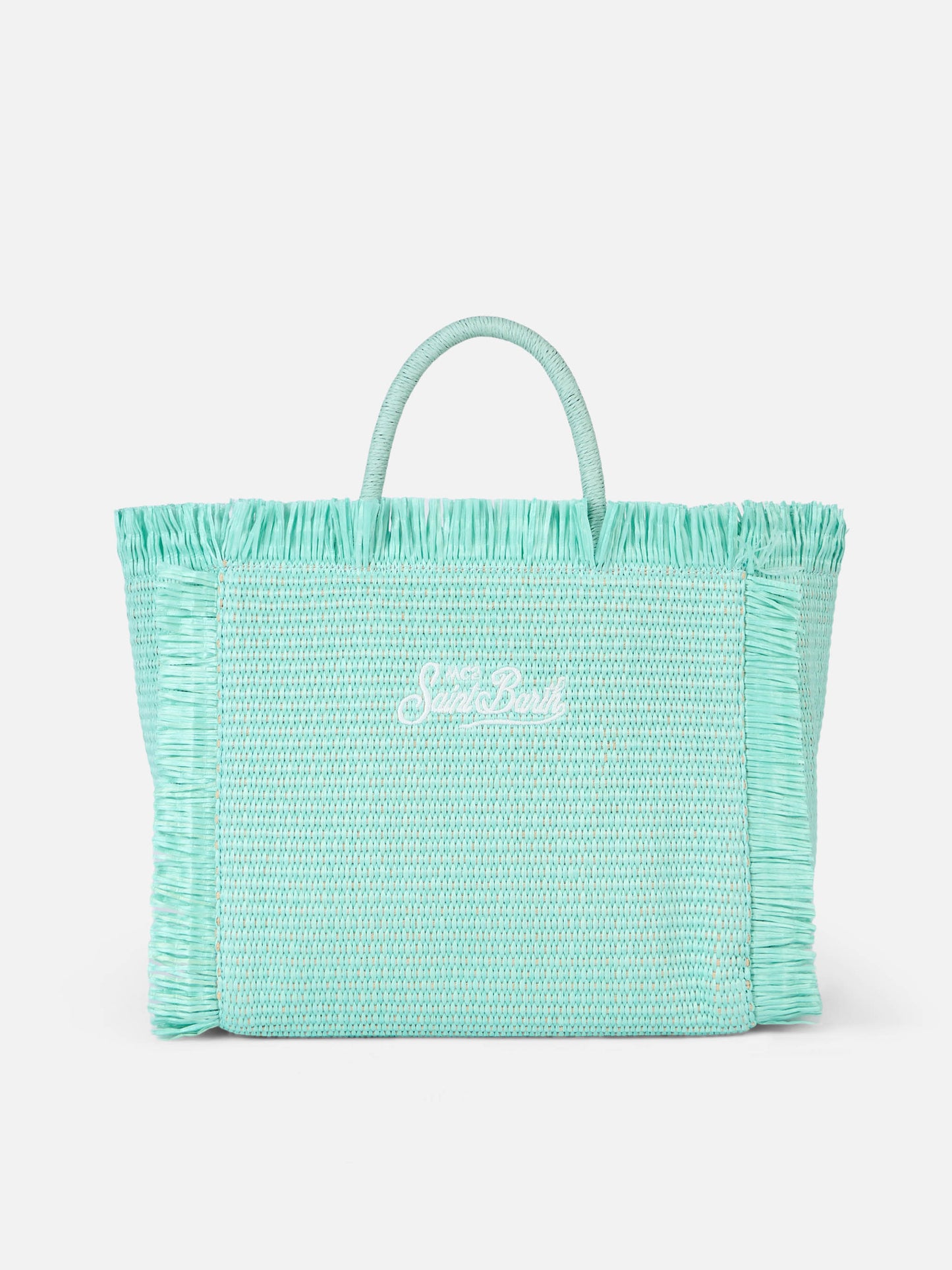 Wassergrüne Colette Strohhandtasche mit Blumenholzperlenverzierung