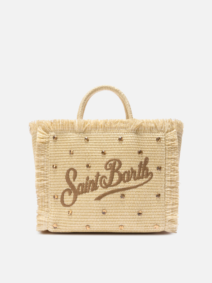 Borsa Colette in tessuto effetto paglia con strass applicati