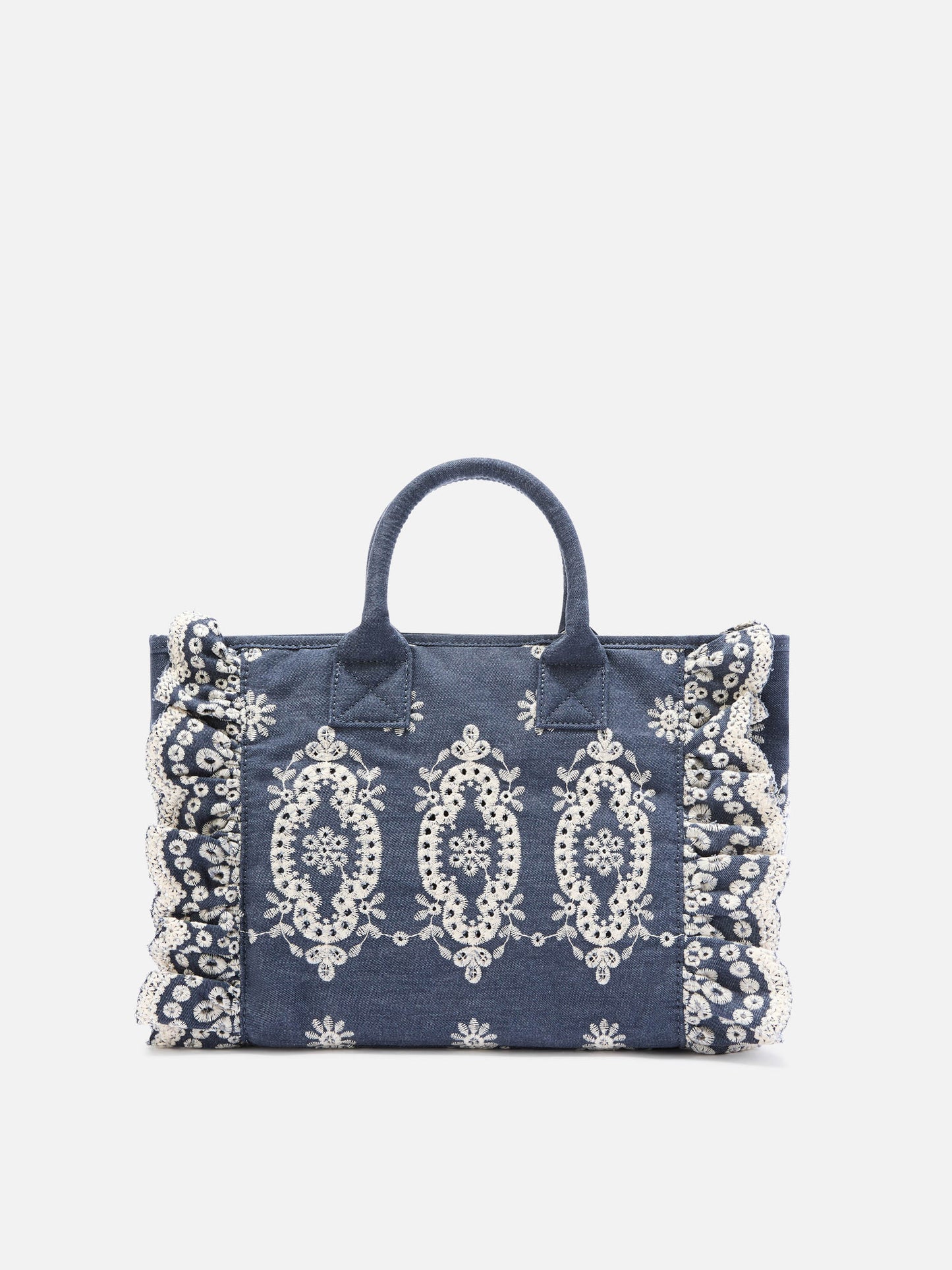 Colette Volant bag in dark wash denim with decorative embroidery