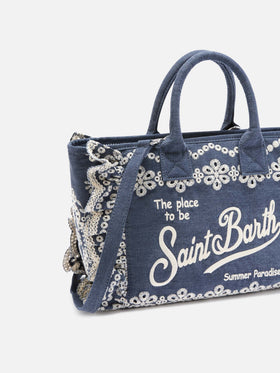 Colette Volant bag in dark wash denim with decorative embroidery