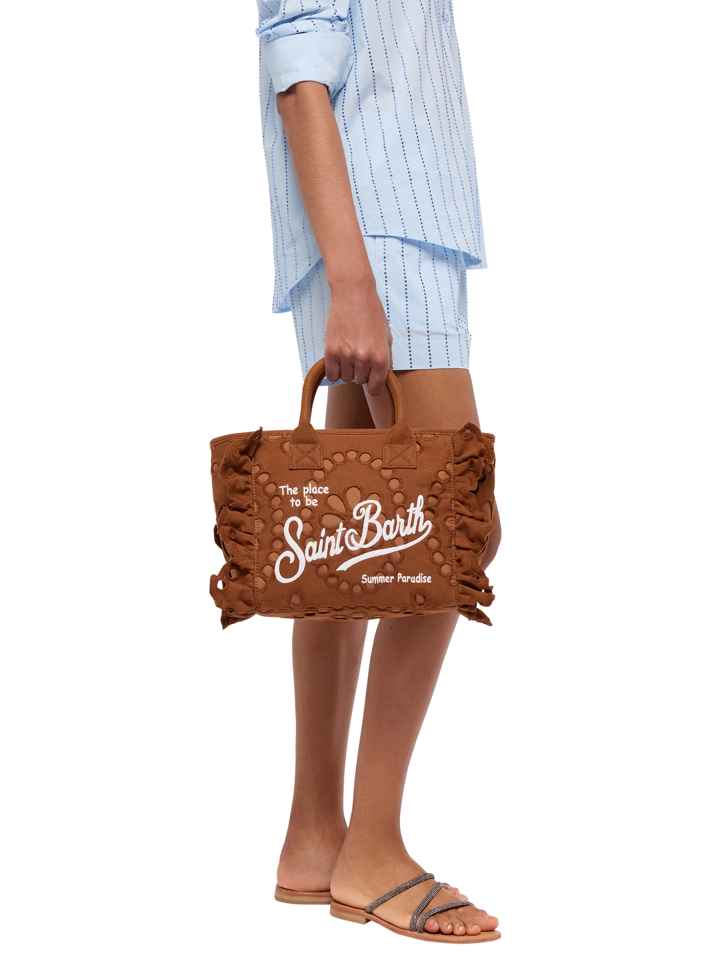 Borsa Colette marrone cammello in pizzo di cotone Sangallo con balza