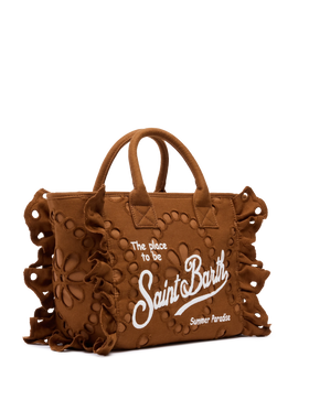 Colette camel brown handbag in Sangallo cotton lace with flounce - MC2 Saint Barth