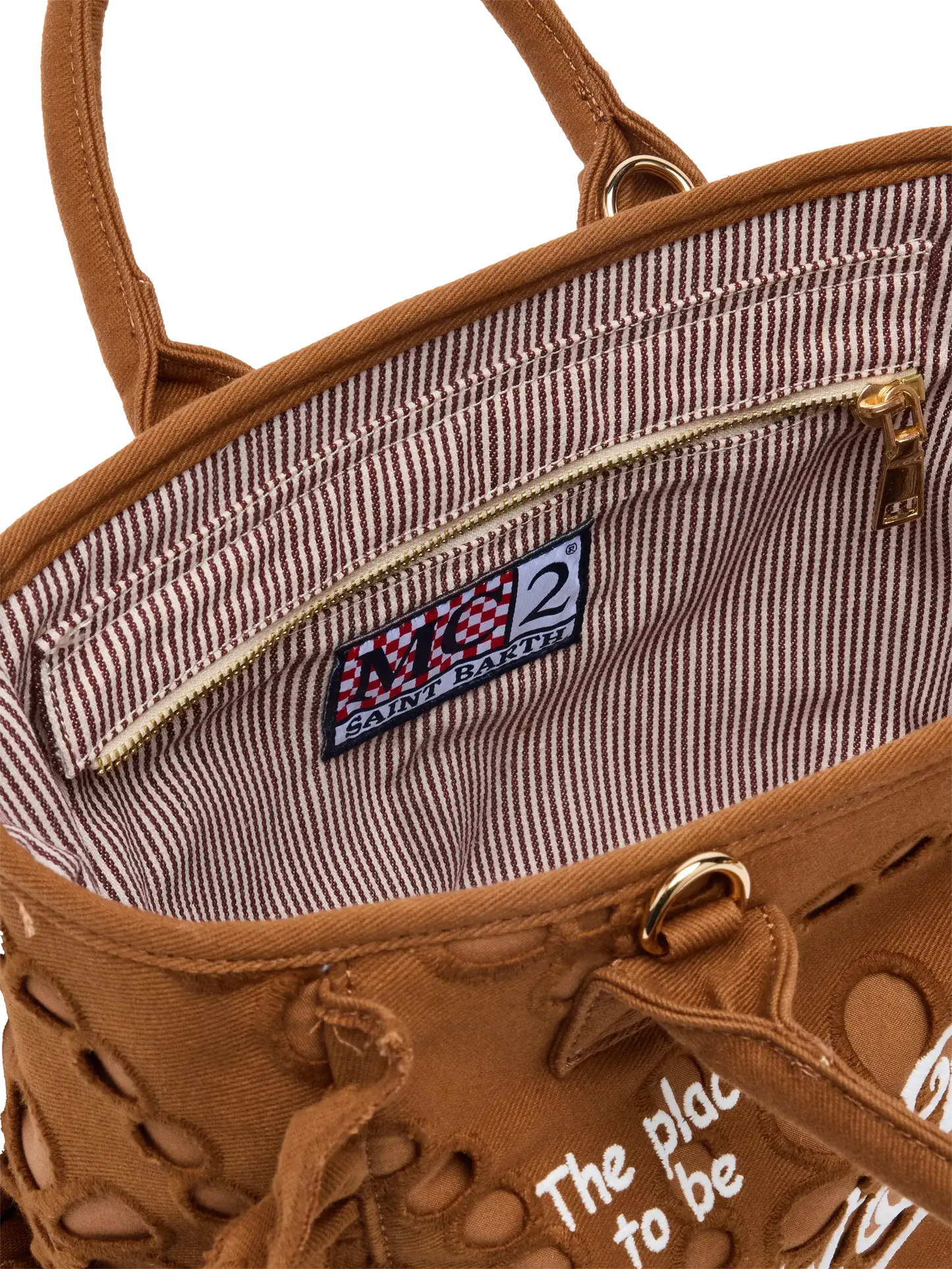 Colette camel brown handbag in Sangallo cotton lace with flounce - MC2 Saint Barth