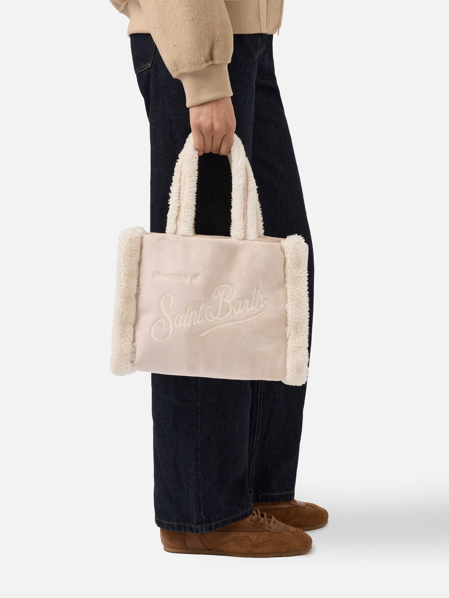 Colette Shearling Handbag in faux suede ice with shearling details