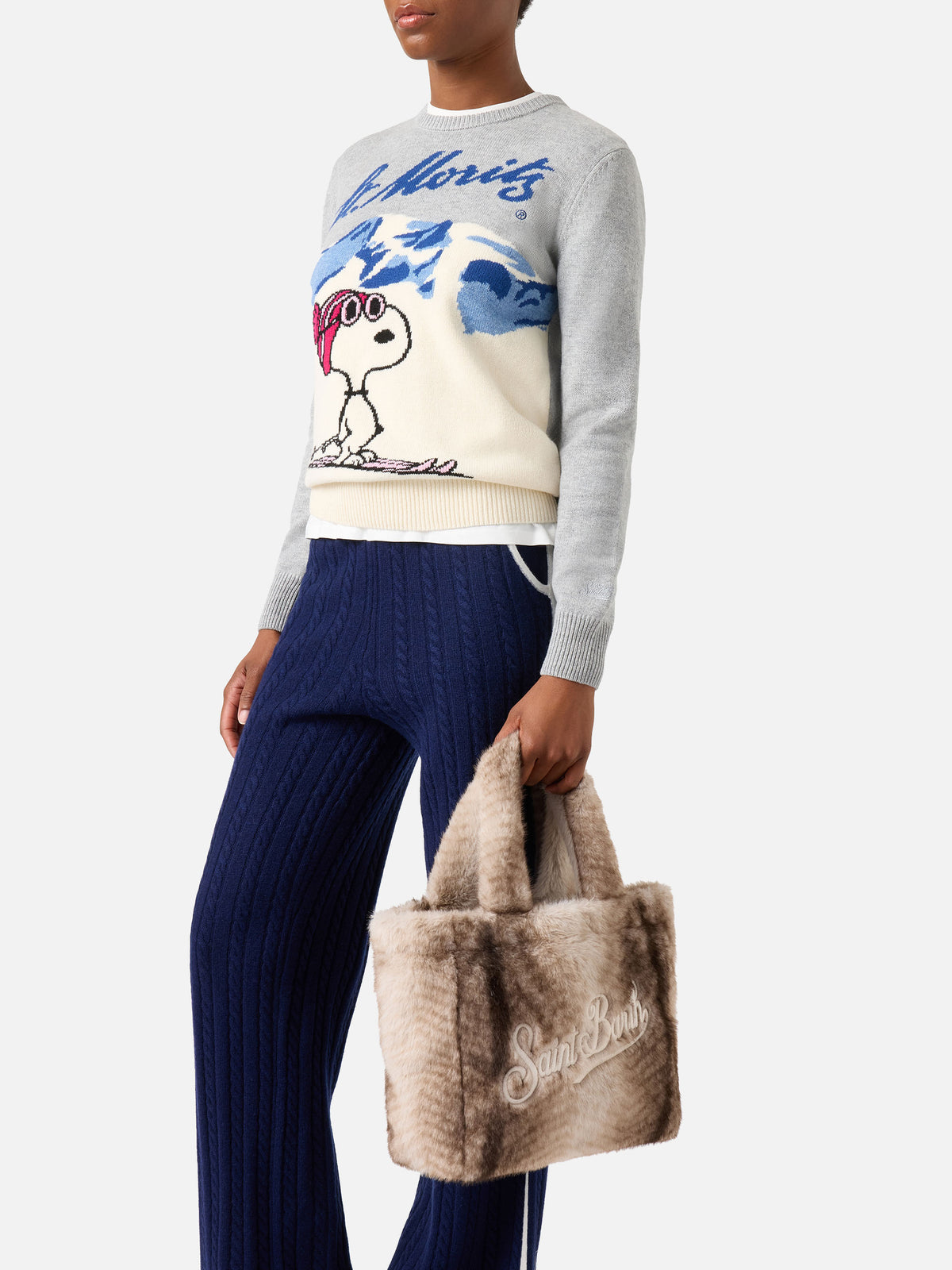 Grey Colette faux fur handbag with logo embroidery