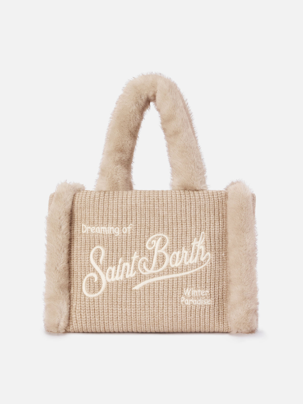 Beige Colette ribbed faux shearling handbag with logo embroidery