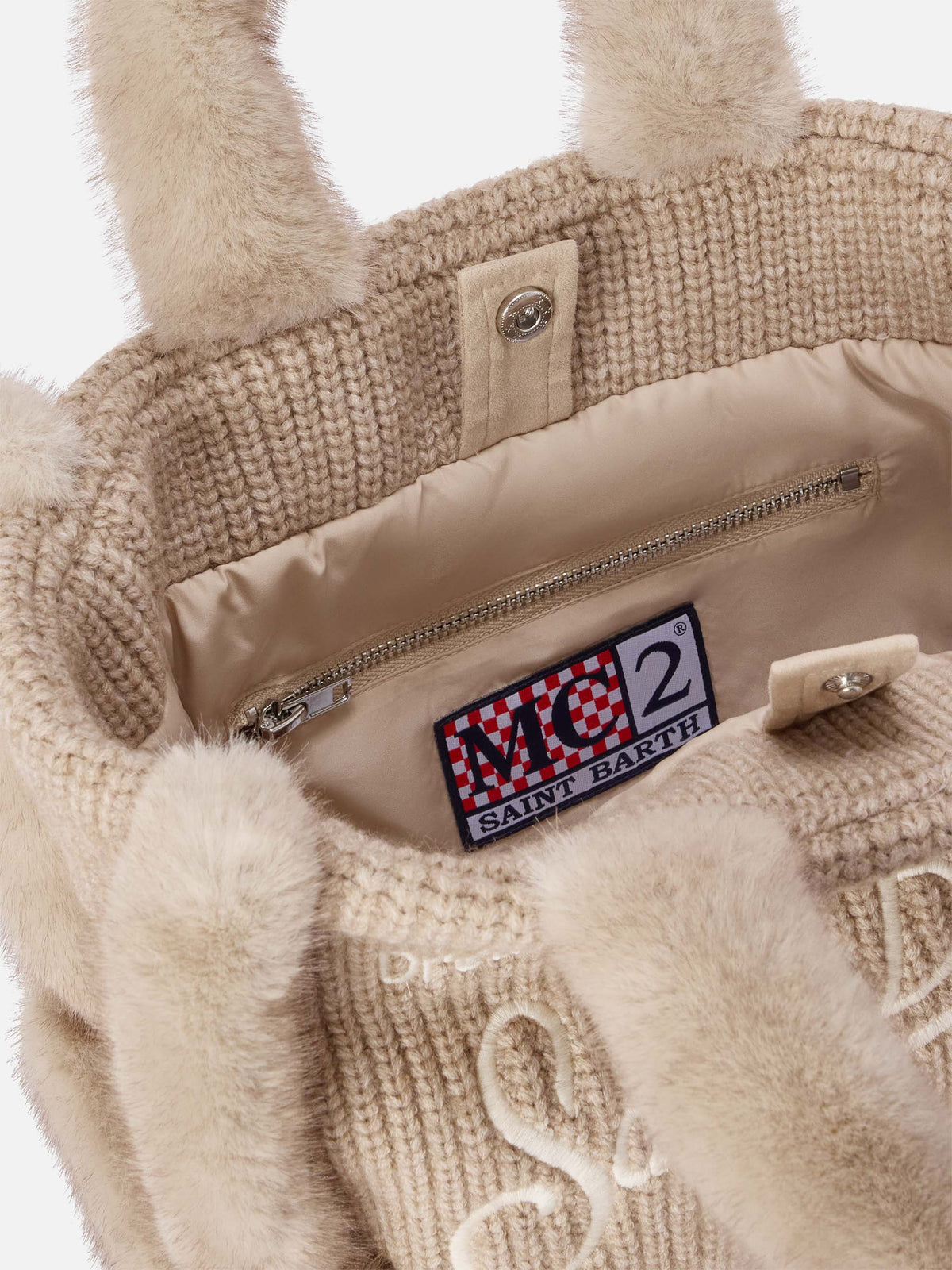 Beige Colette ribbed faux shearling handbag with logo embroidery