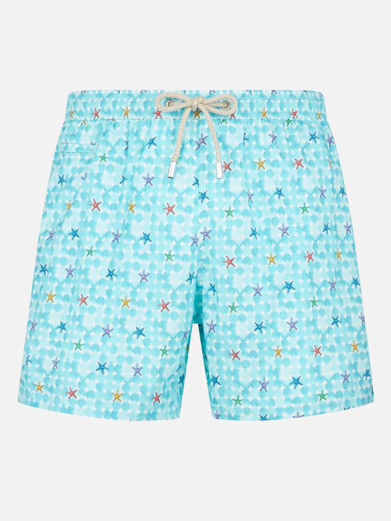 Bequeme Herren-Badeshorts aus Stretchstoff mit Seestern-Print