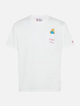 T-shirt Connor in cotone bianco con ricamo sul taschino Golden hour
