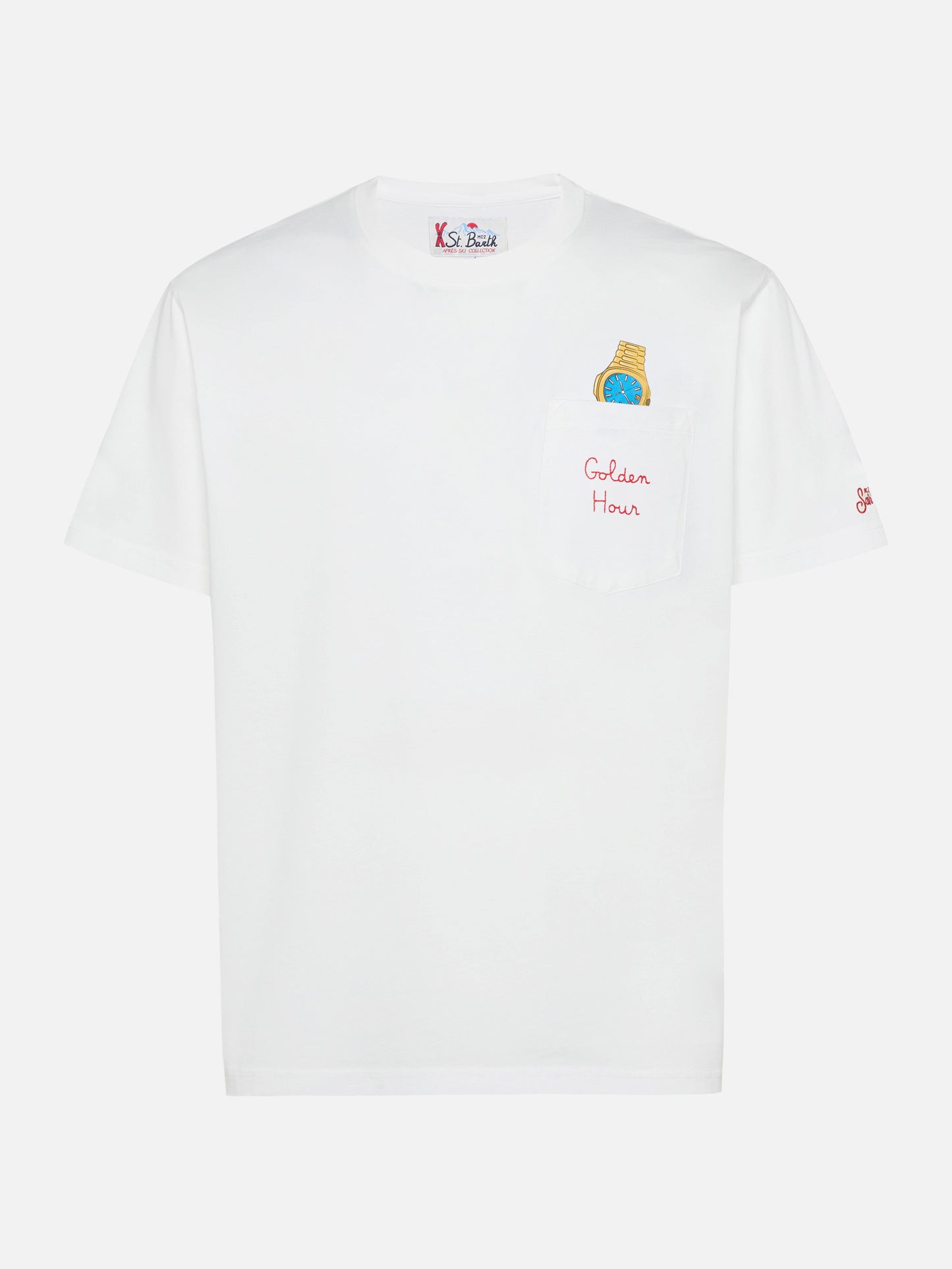Connor Baumwoll-T-Shirt in Weiß mit goldener Stundenstickerei an der Brusttasche
