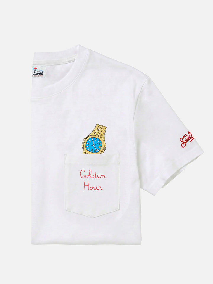 Connor cotton T-shirt in white with Golden hour pocket embroidery