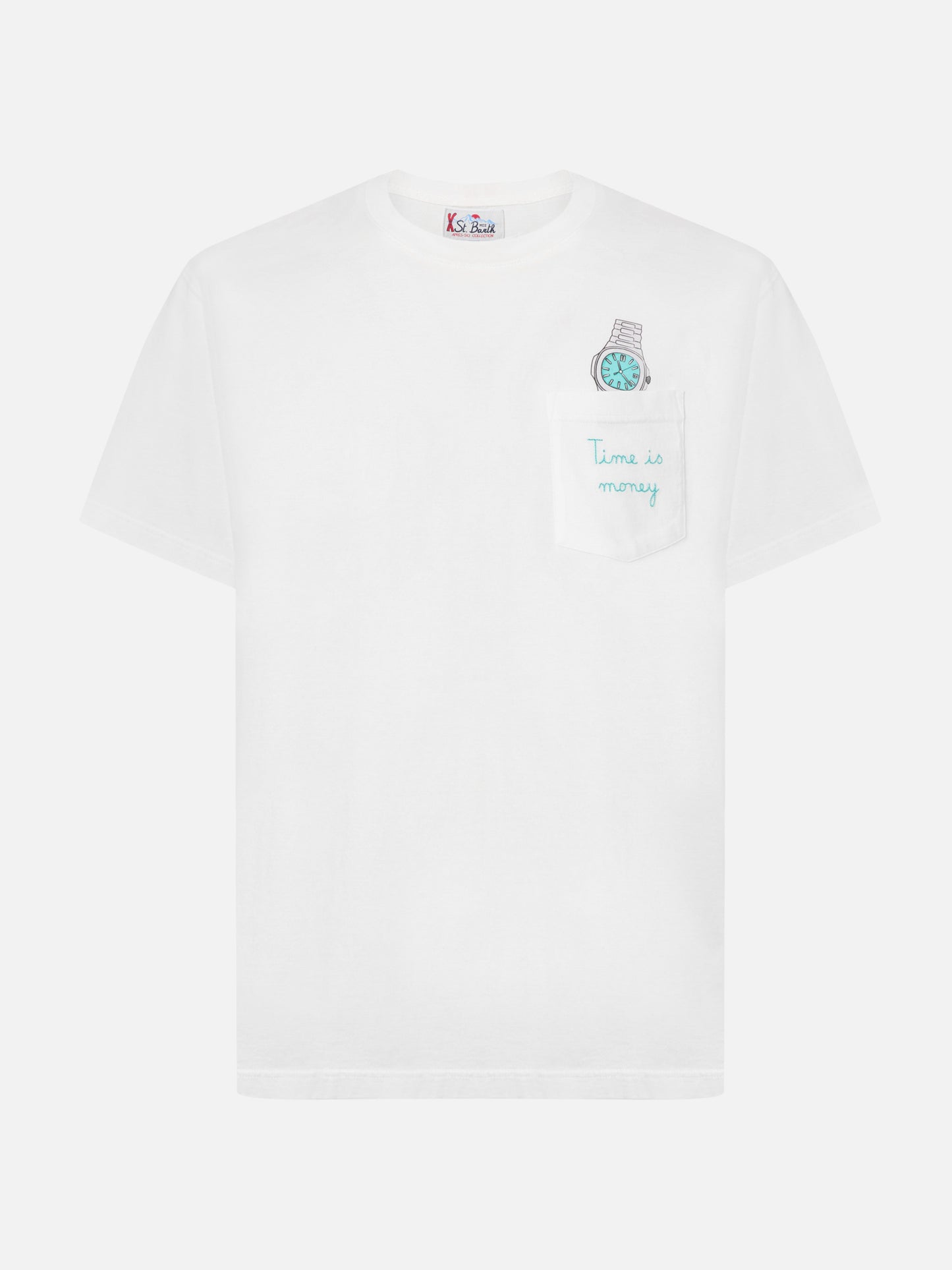 Connor cotton T-shirt in white with Time is Money pocket embroidery
