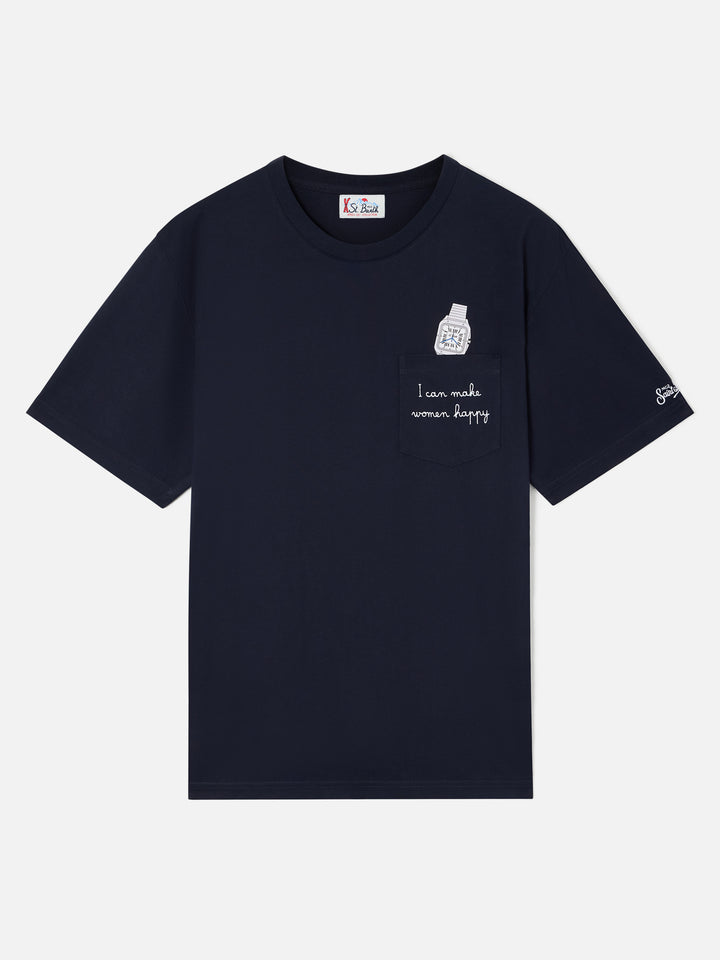 Camiseta de algodón Navy blue Connor con estampado de reloj y bordado 