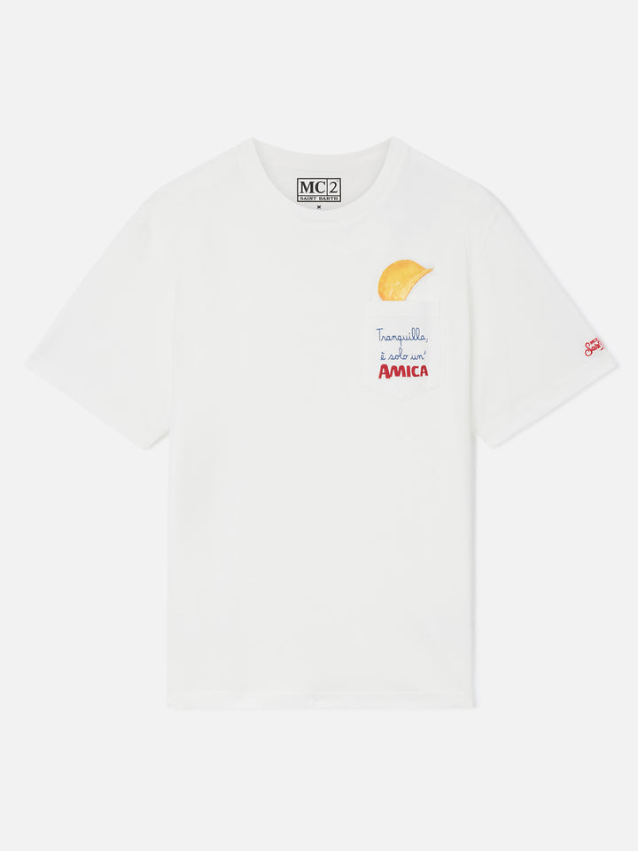 White Connor organic cotton t-shirt with Amica Chips print and embroidery | Special edition