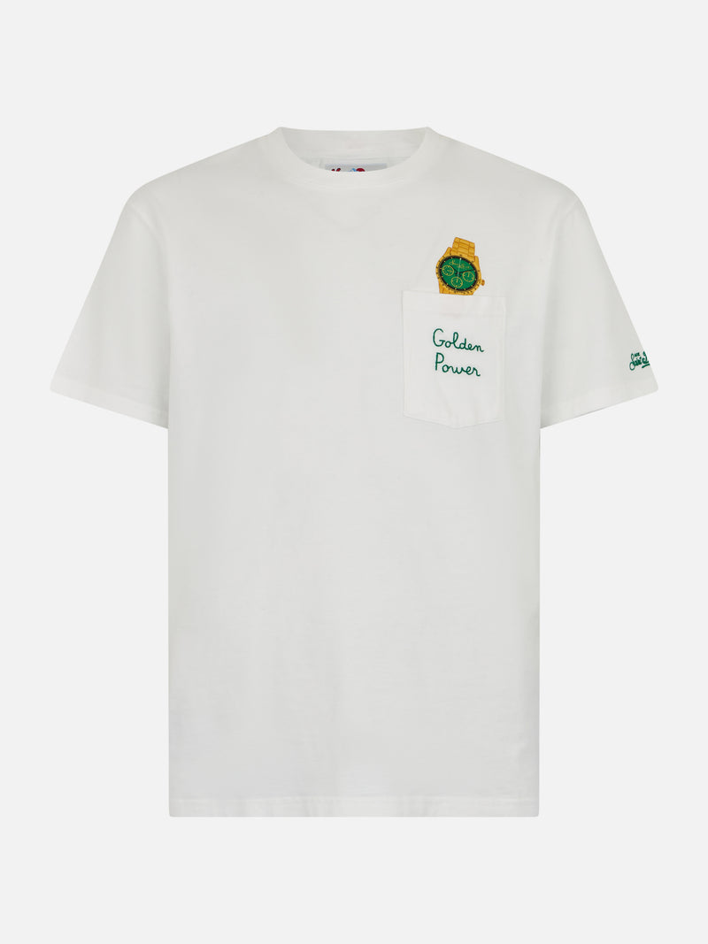 Man white cotton t-shirt Connor with Golden Power embroidery