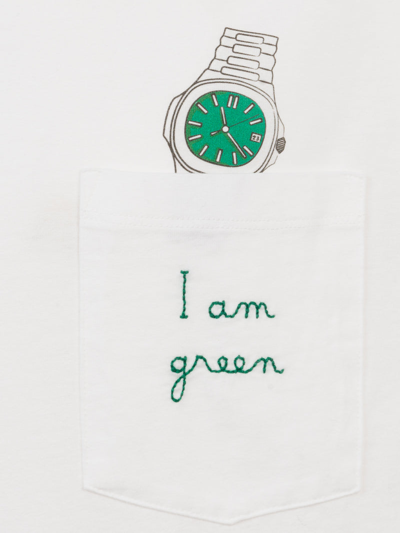 Man white cotton t-shirt Connor with I am green embroidery