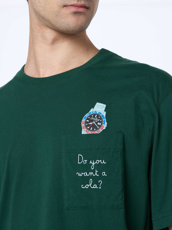 Man green cotton t-shirt Connor with Do you want a cola embroidery