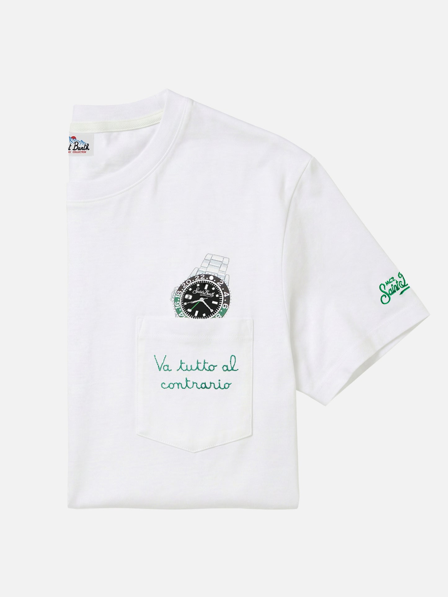 Connor-Baumwoll-T-Shirt in Weiß mit „Va tutto al contrario“-Stickerei auf der Tasche