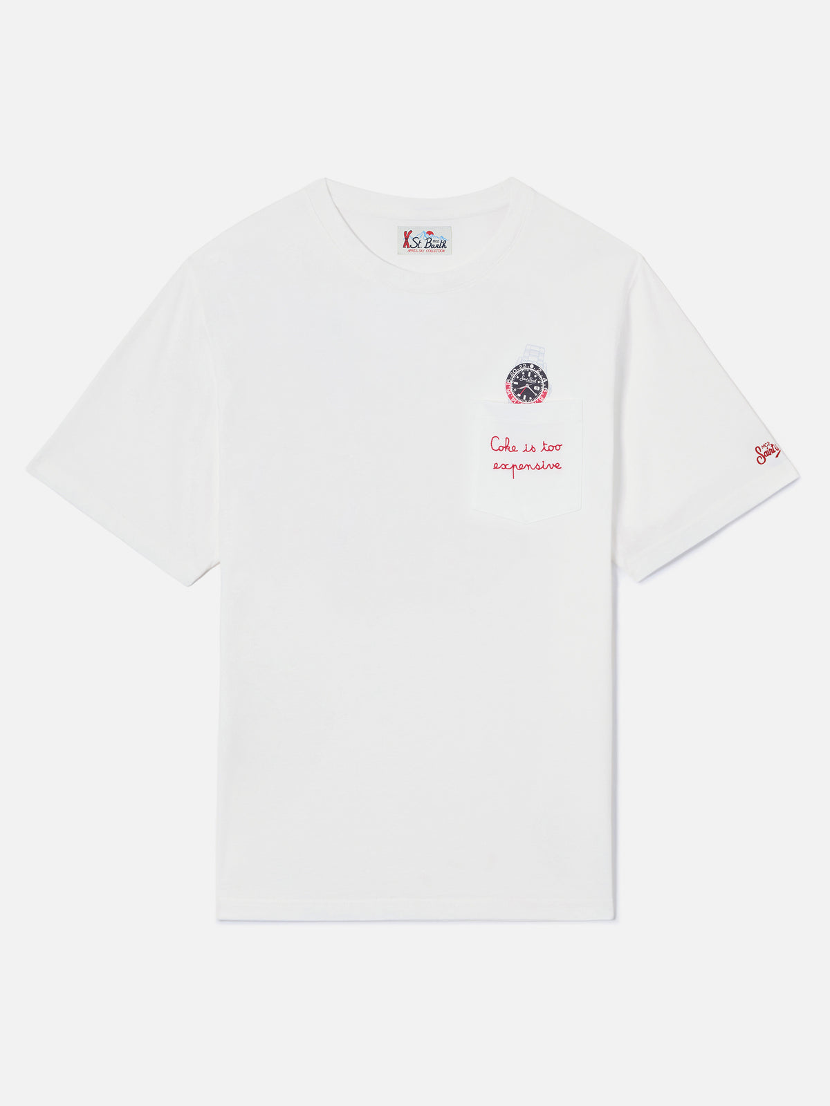 White Connor cotton t-shirt with watch print and Cara Ho Un Expensive embroidery