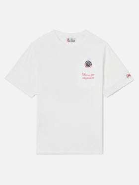 White Connor cotton t-shirt with watch print and Cara Ho Un Expensive embroidery