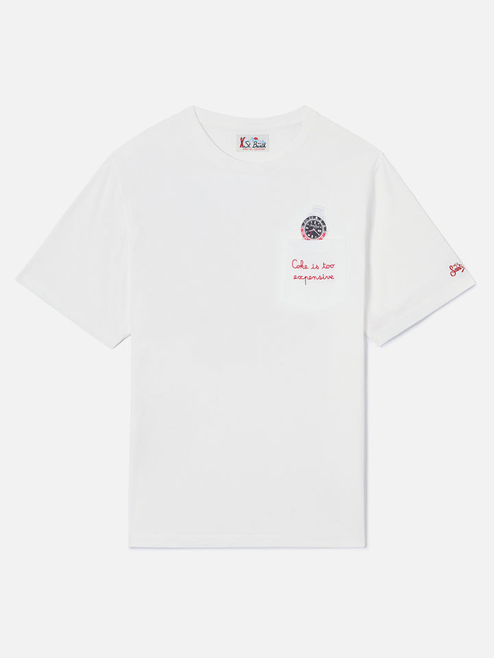 Camiseta de algodón Connor blanca con estampado de reloj y bordado Cara Ho Un Expensive 