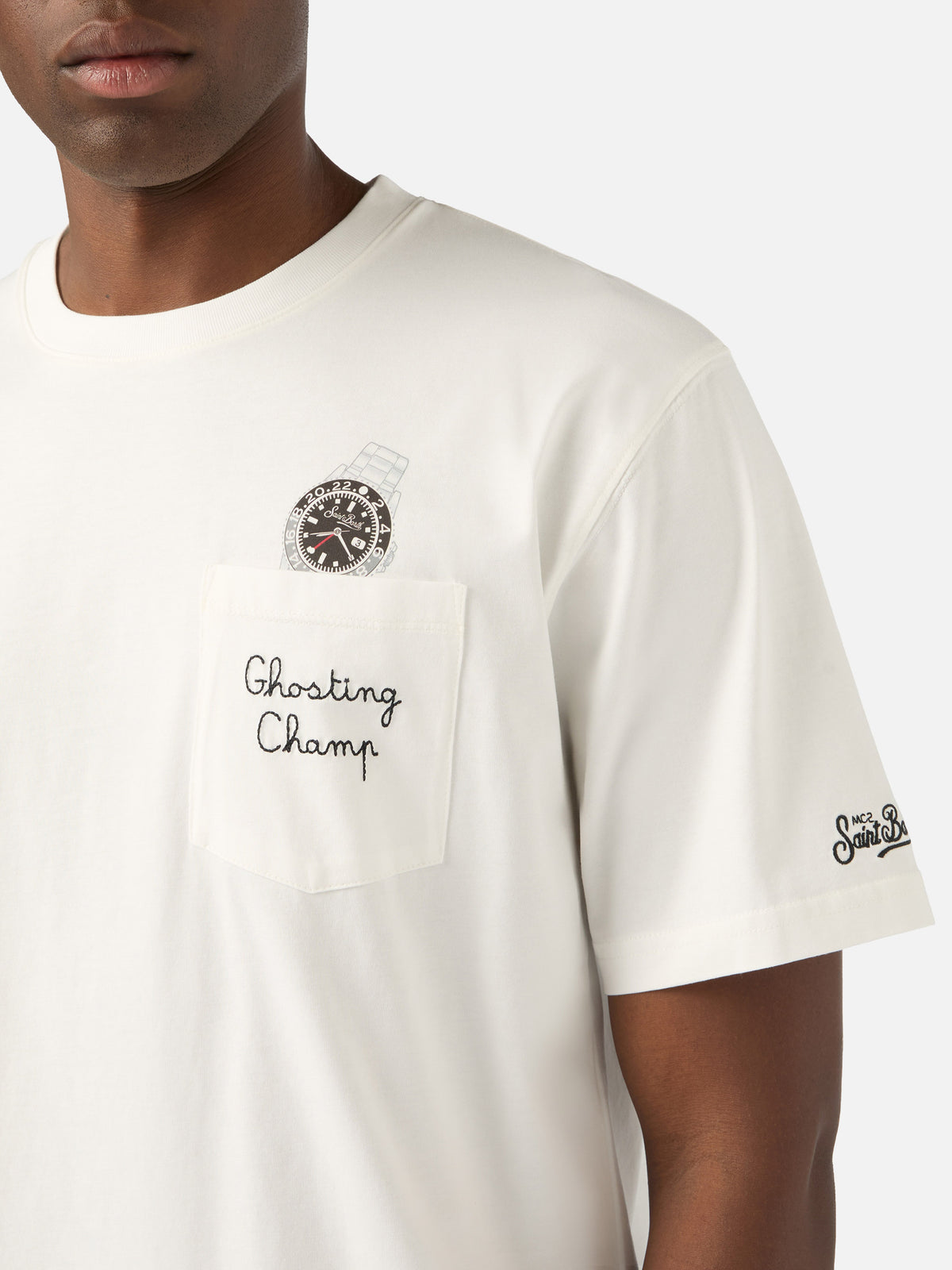 T-shirt en coton Connor blanc avec imprimé montre et broderie Ghosting Champ 