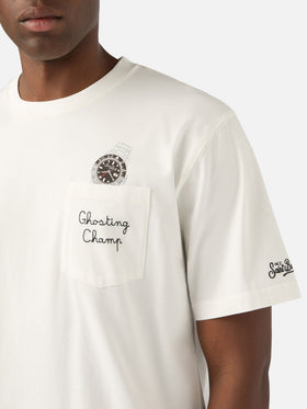 T-shirt en coton Connor blanc avec imprimé montre et broderie Ghosting Champ 