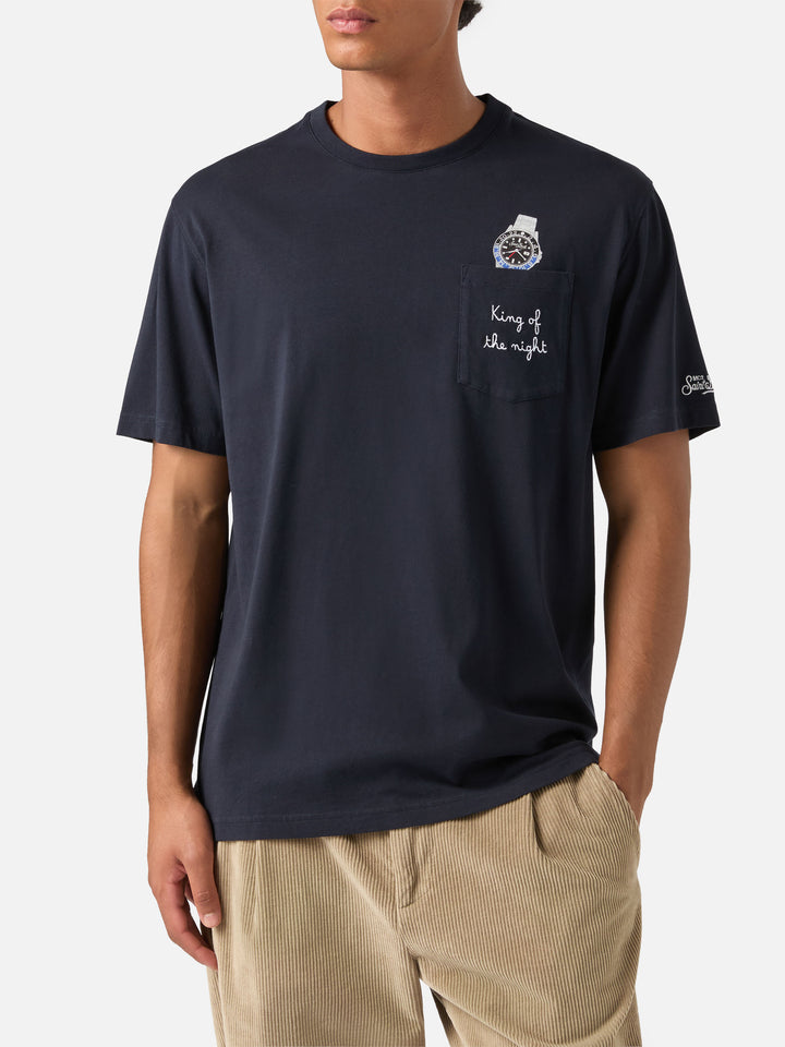T-shirt Connor blu navy in cotone organico con stampa orologio e ricamo King Of The Night