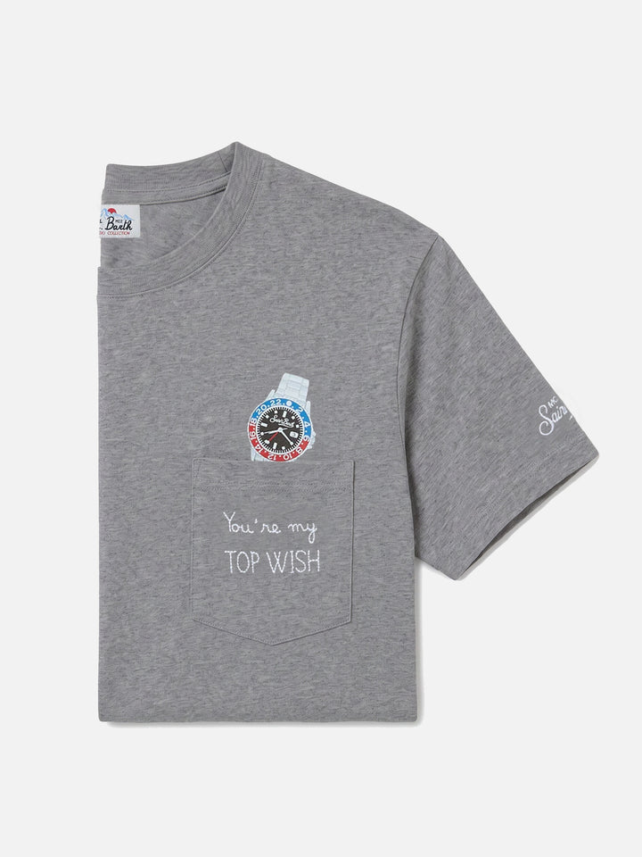 Connor pocket t-shirt in grey with Top Wish embroidery