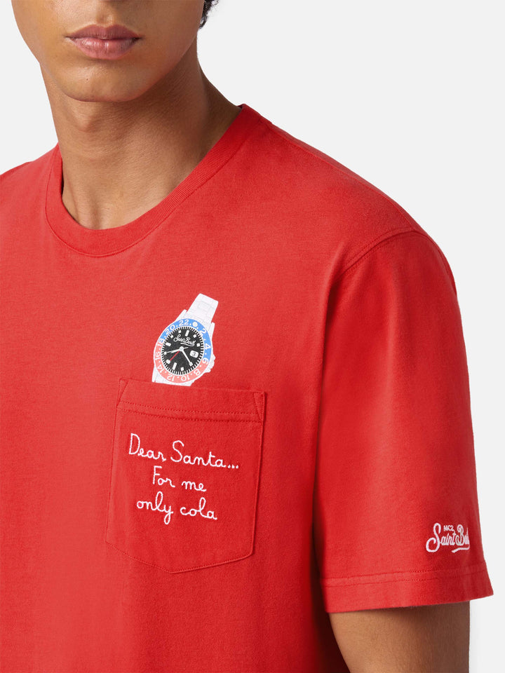 Connor Winter-Baumwoll-T-Shirt in Rot mit „Lieber Weihnachtsmann“-Taschenstickerei
