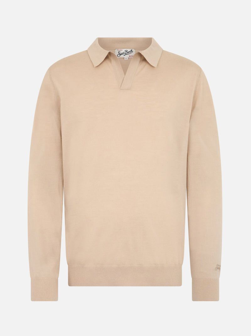 Polo da uomo beige in lana merino Covent