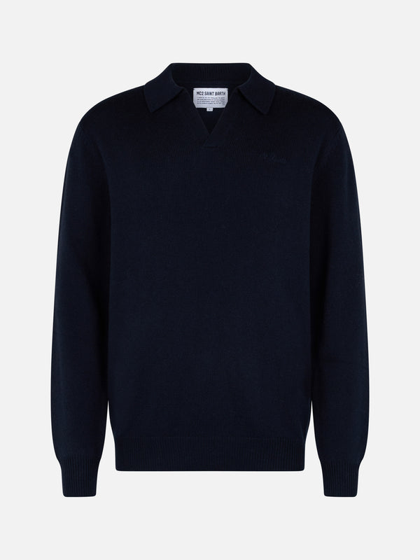 Maglione da uomo blu navy in misto cashmere con collo a polo Covent