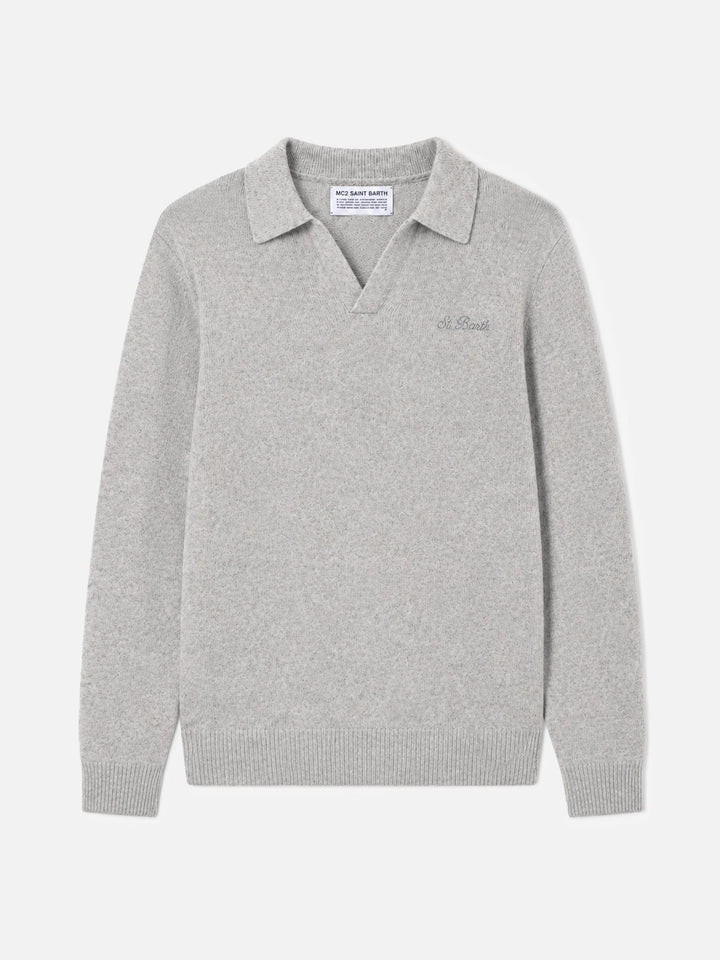 Light grey melange Covent long sleeve knitted polo