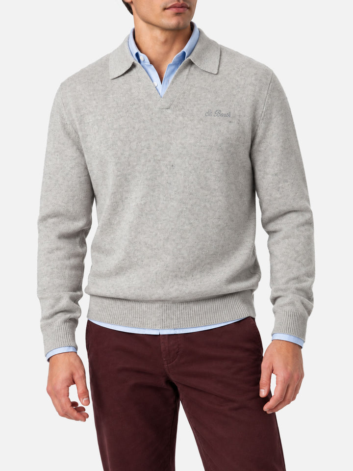 Light grey melange Covent long sleeve knitted polo