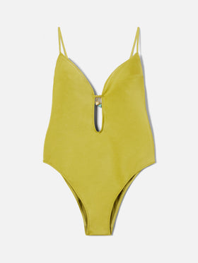 Crunchy one-piece swimsuit in pistachio green glossy finish with charms
