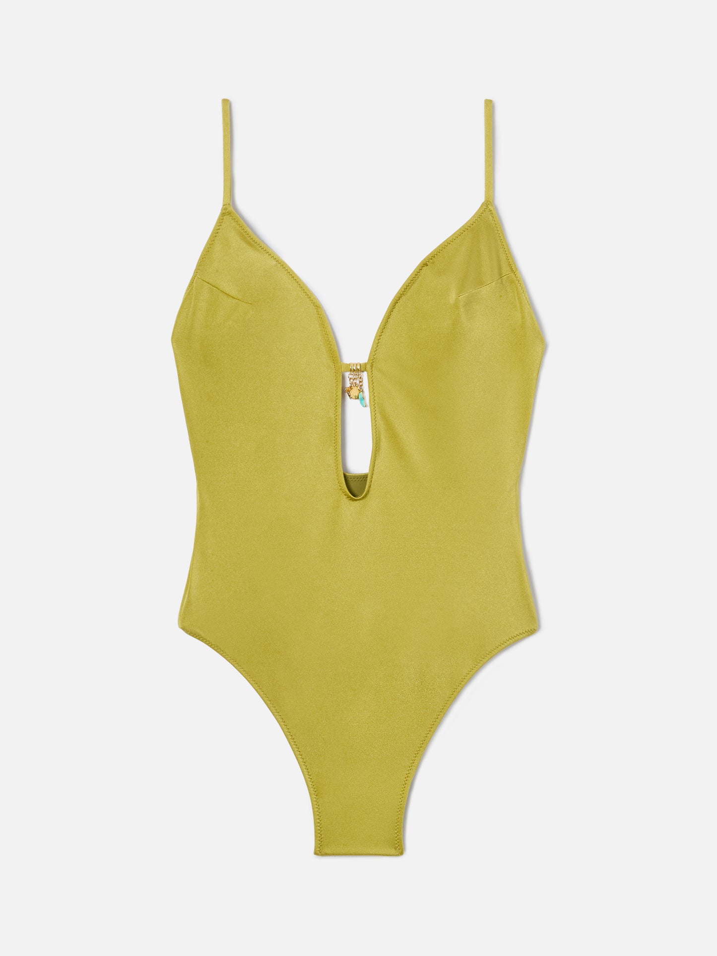 Crunchy one-piece swimsuit in pistachio green glossy finish with charms