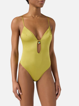 Crunchy one-piece swimsuit in pistachio green glossy finish with charms