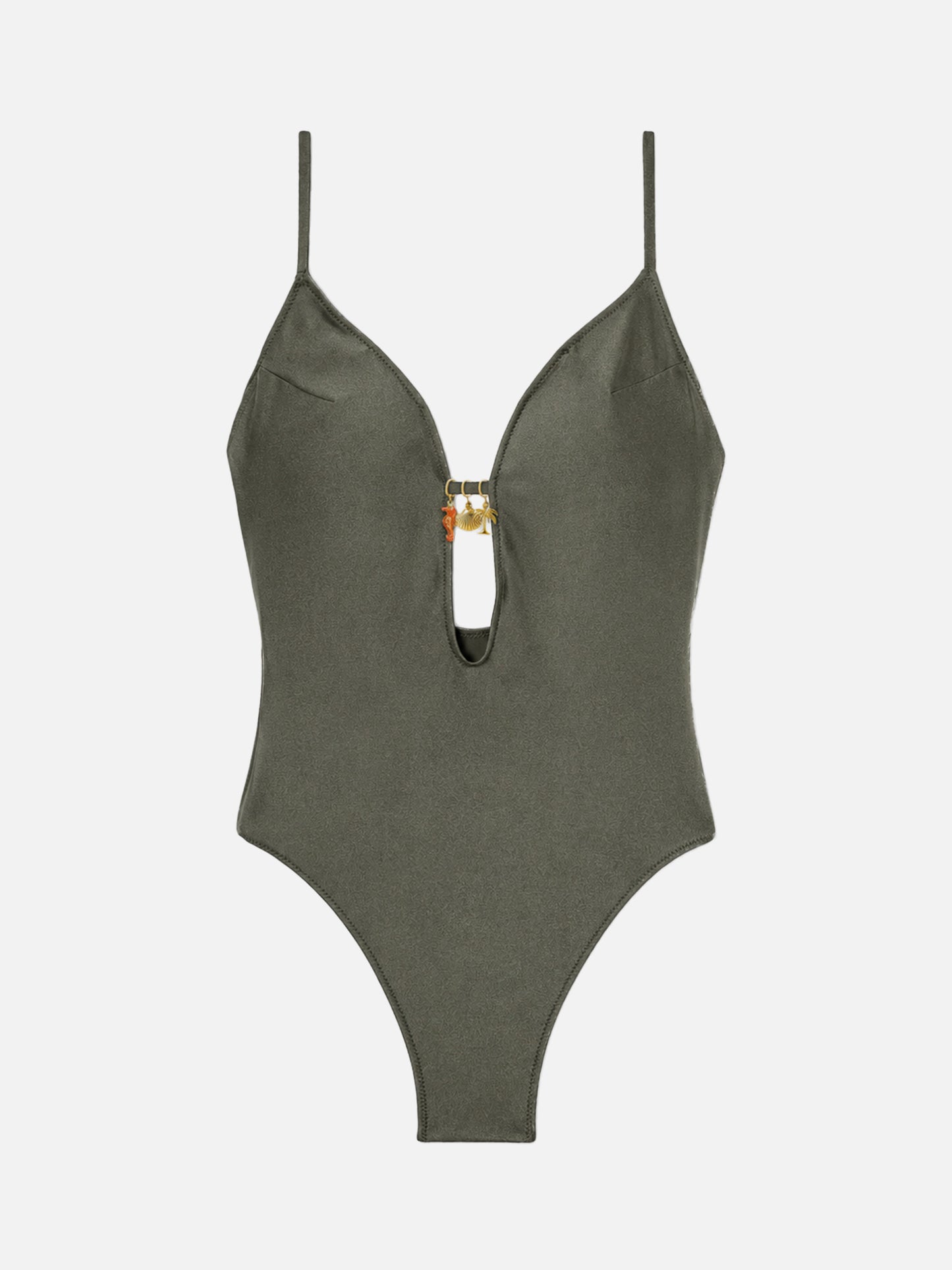 Crunchy one-piece swimsuit in military green glossy finish with charms