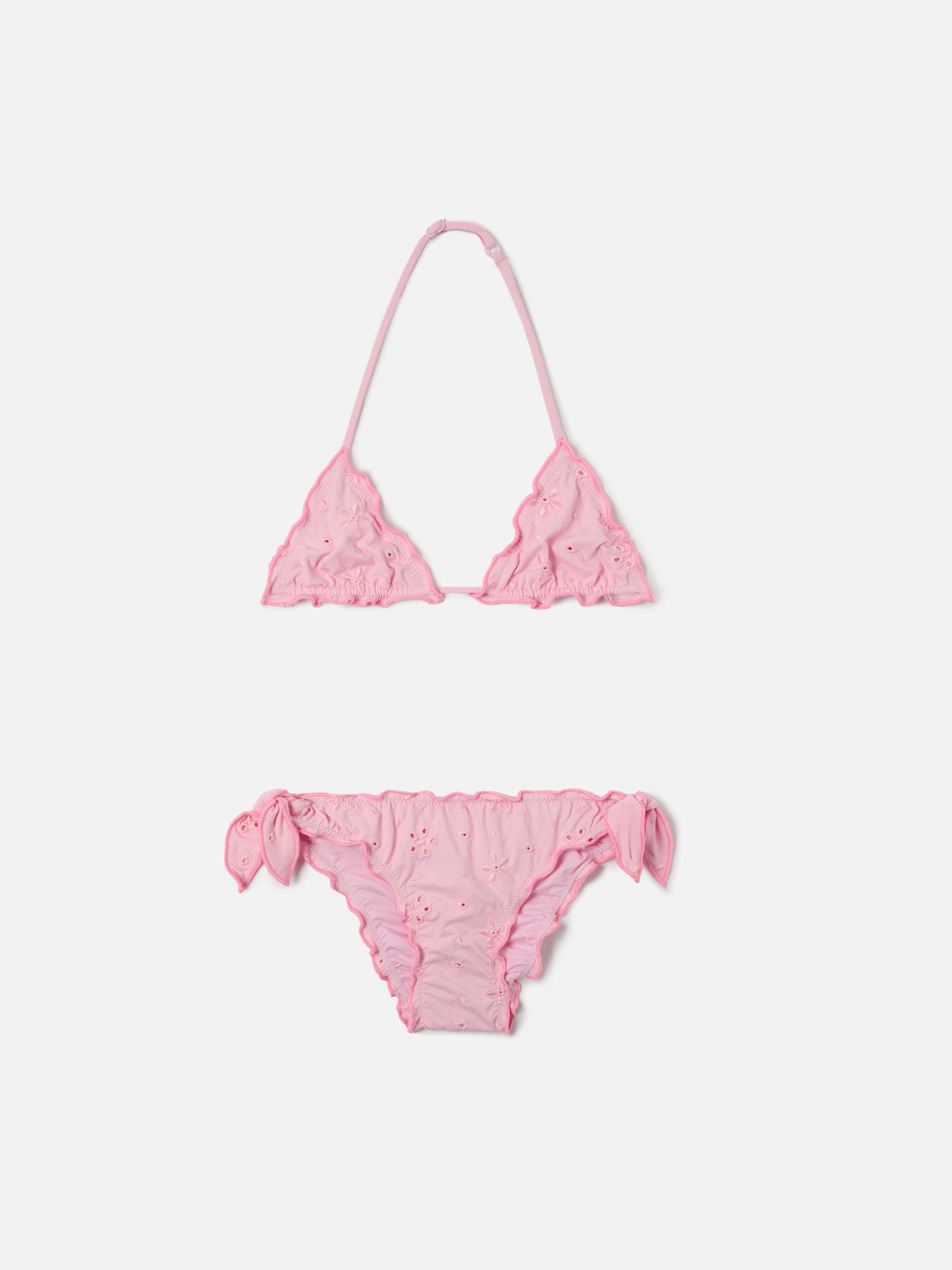 Bikini Cris in tessuto sangallo rosa con bordi arricciati