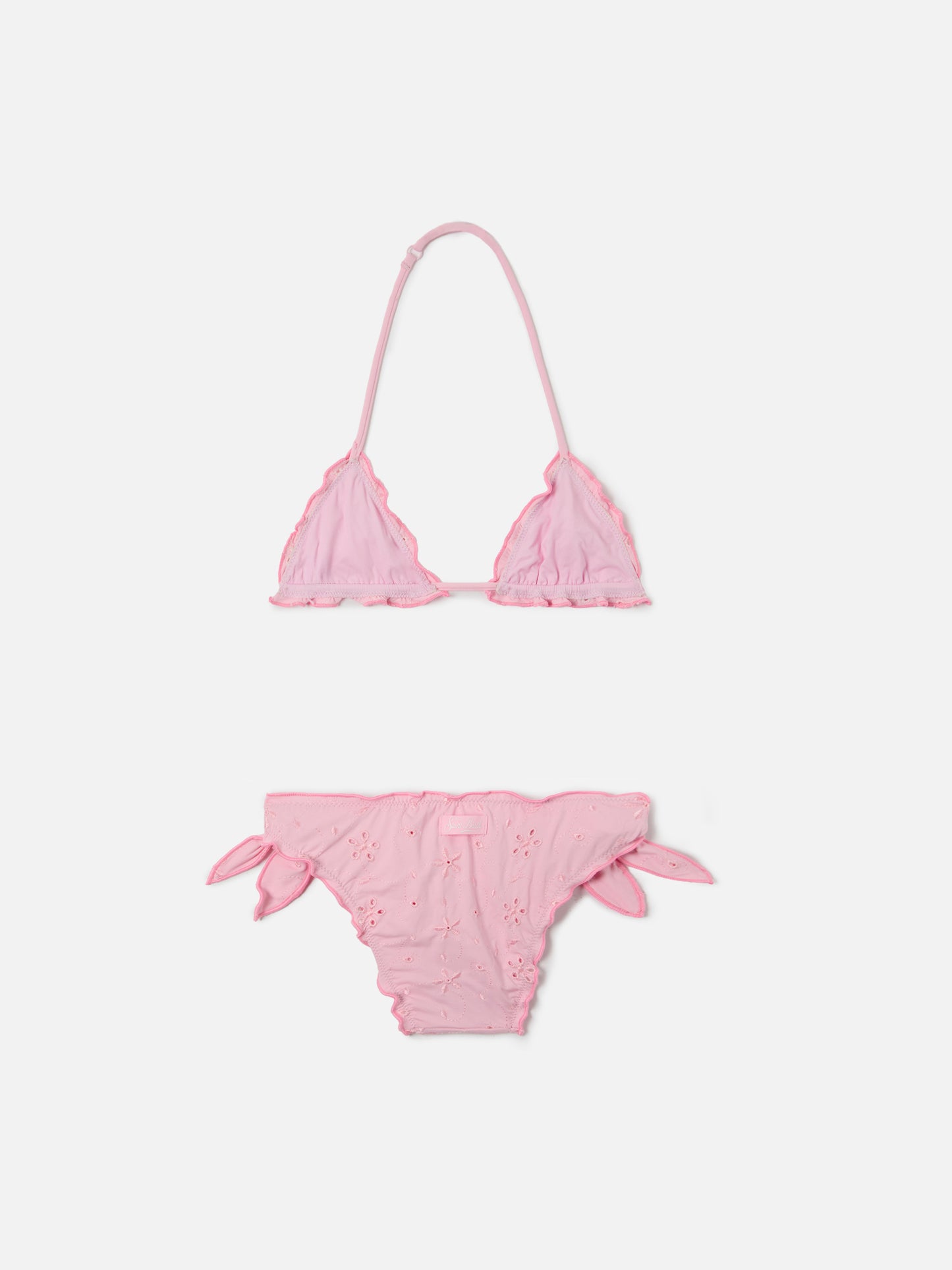 Bikini Cris in tessuto sangallo rosa con bordi arricciati